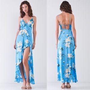 Sky Blue Floral Maxi Dress with V-Neck and High Slit